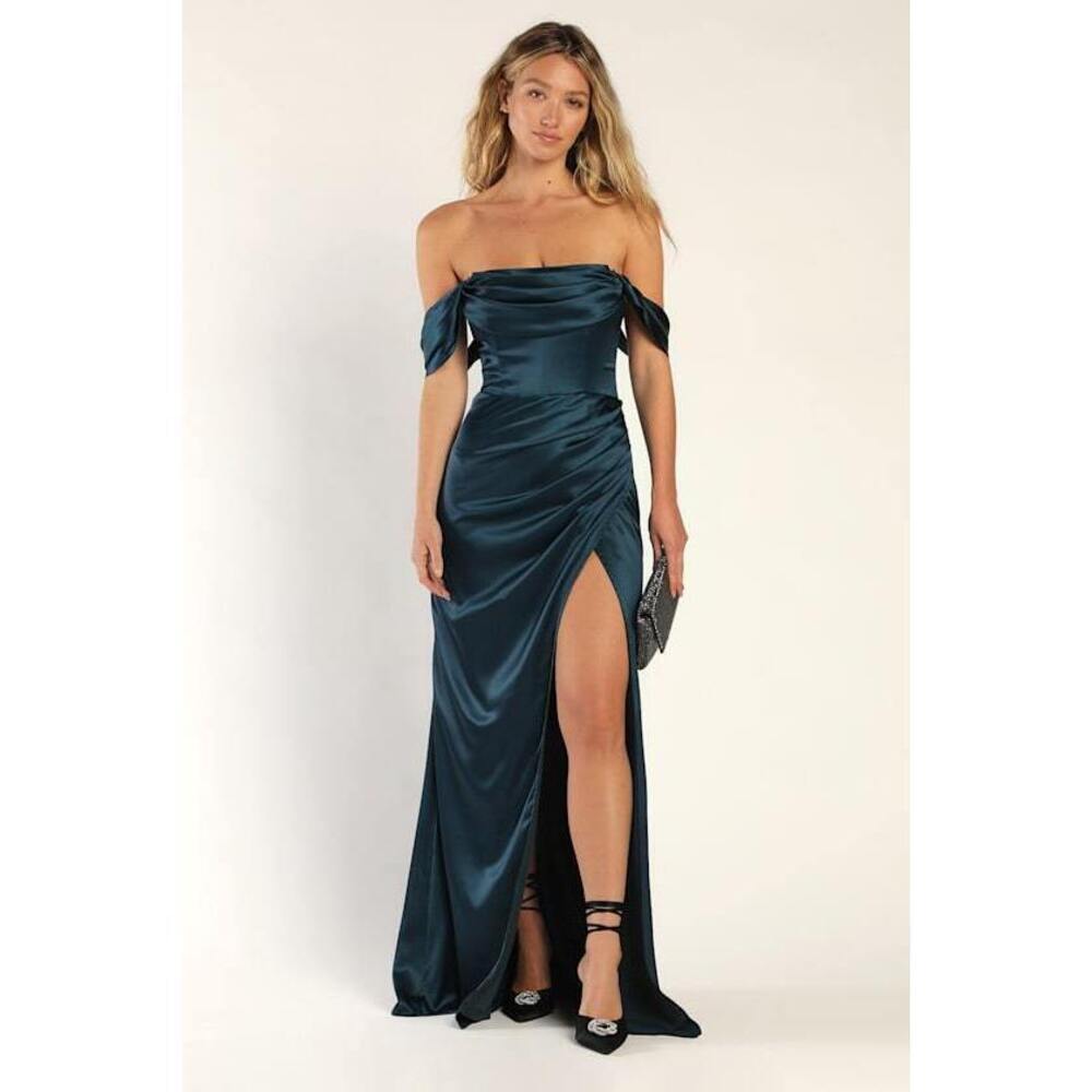 Lulus Stunning Arrival Dark Teal Satin Off-the-shoulder Maxi Dress Blue - Size M